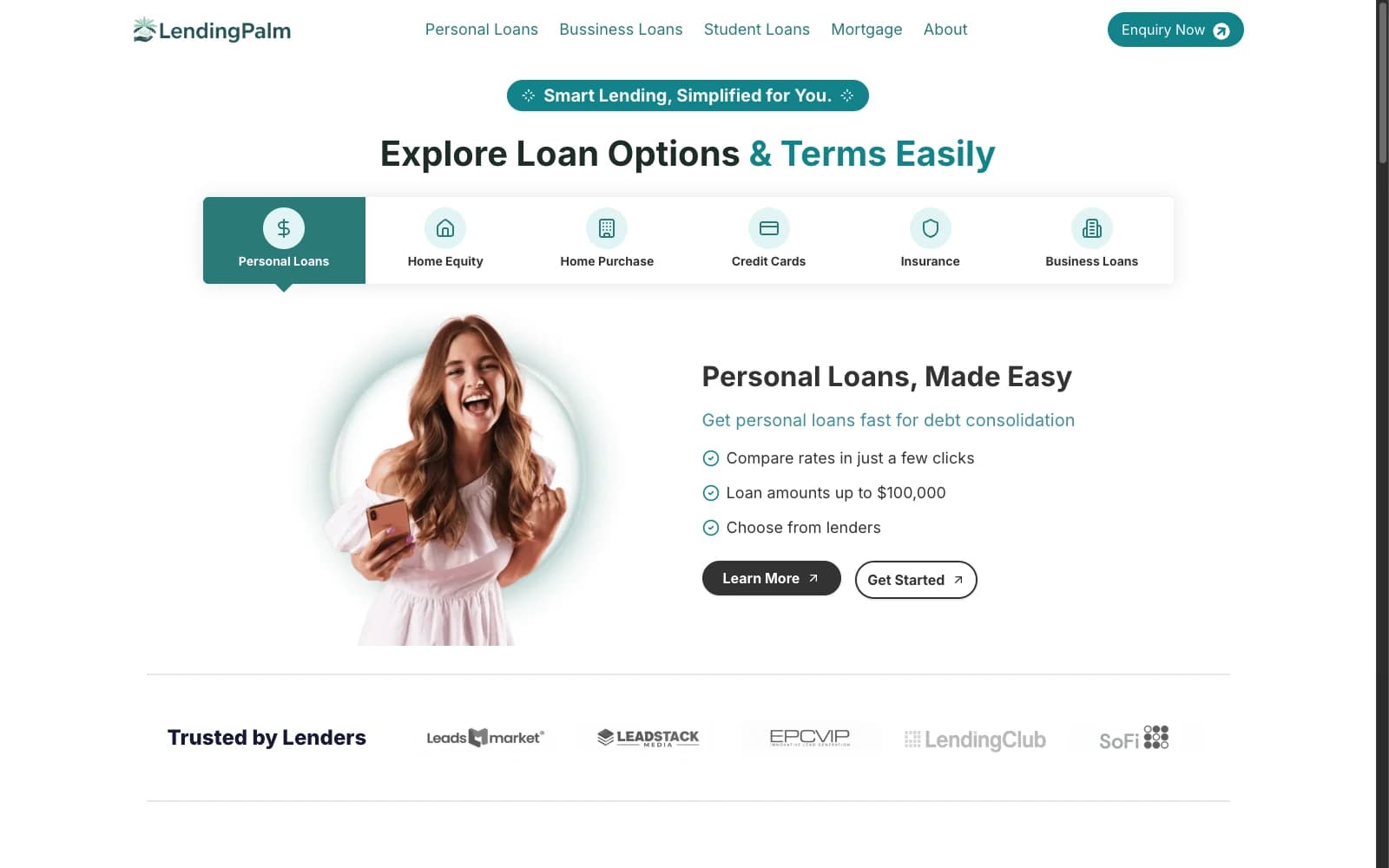 LendingPalm loan comparison fintech website — homepage screenshot