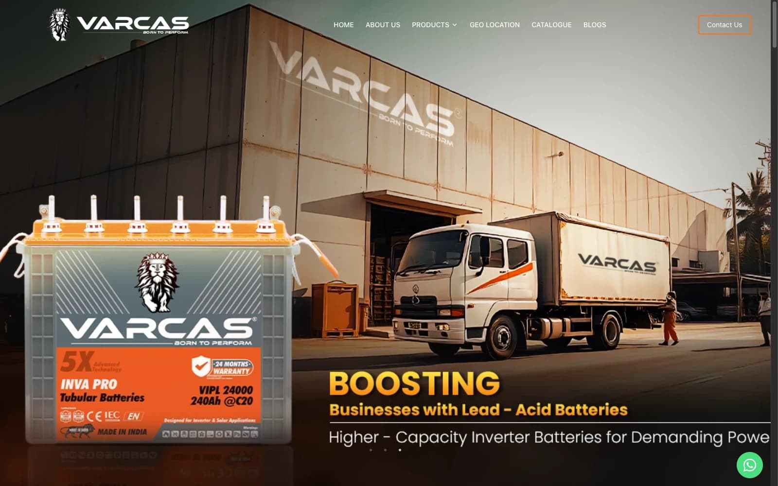 Varcas Batteries battery manufacturer website development — homepage screenshot