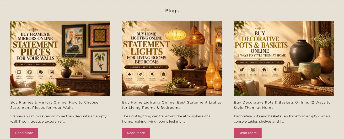 Blogs section with three article cards on frames and mirrors, statement lighting, and decorative pots and baskets