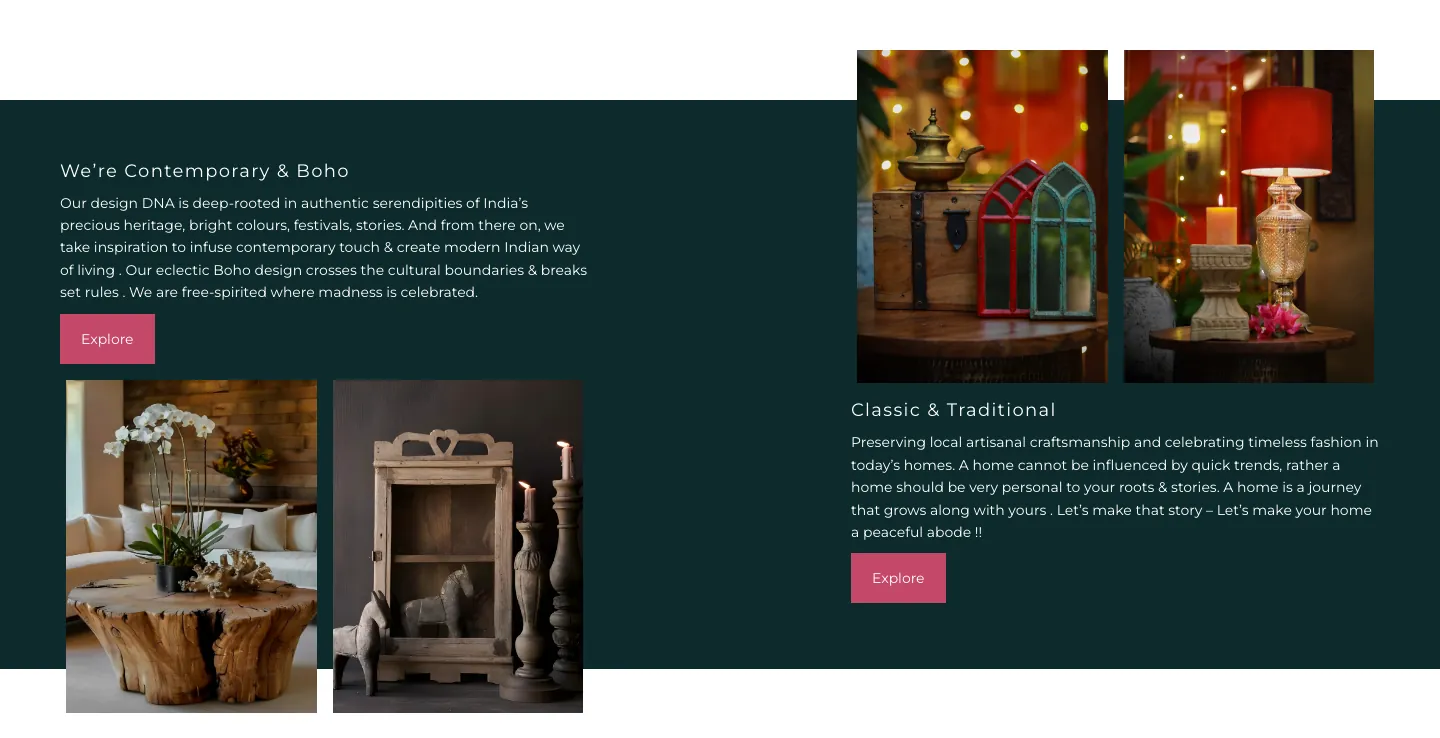Dark teal section with We're Contemporary & Boho and Classic & Traditional text blocks beside decor photos