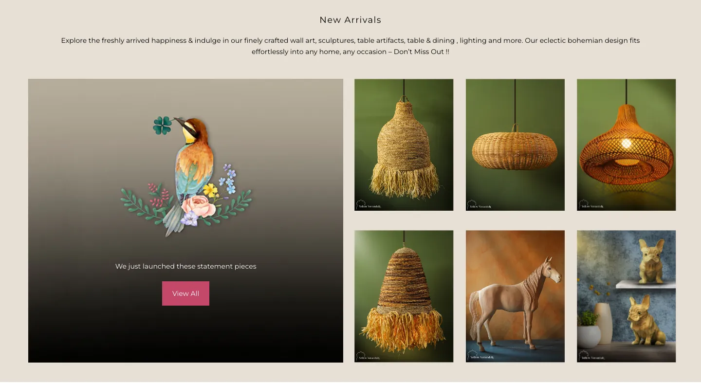 New Arrivals section with a feature panel and tiles of woven pendant lights, a horse figure and figurines