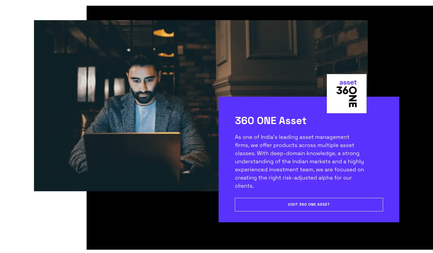 360 ONE Asset feature with a photo on the left and a violet card with description and visit button 360 ONE Asset feature with a photo on the left and a violet card with description and visit button