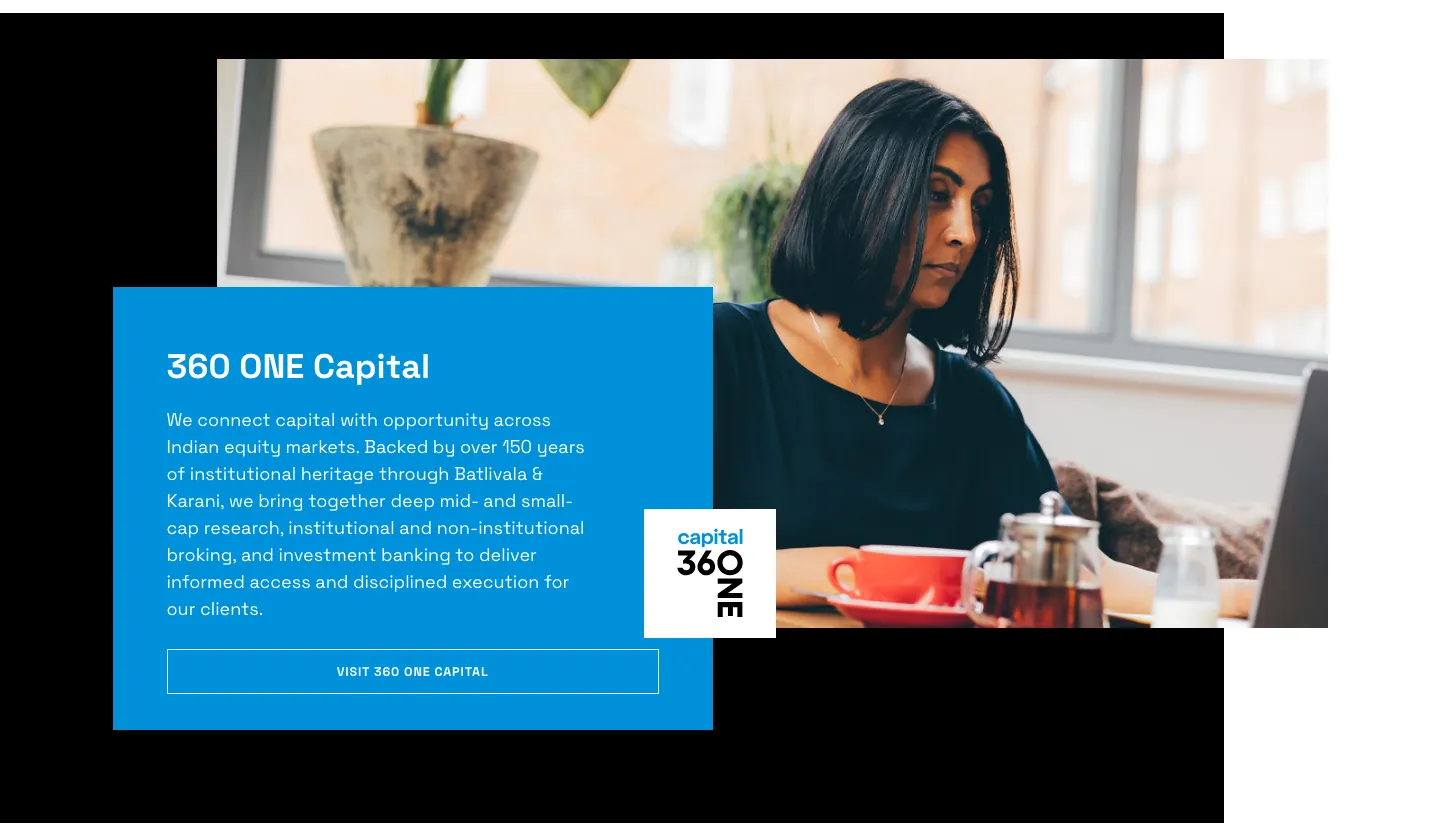 360 ONE Capital feature with a blue text card, capital logo badge and visit button over a photo 360 ONE Capital feature with a blue text card, capital logo badge and visit button over a photo