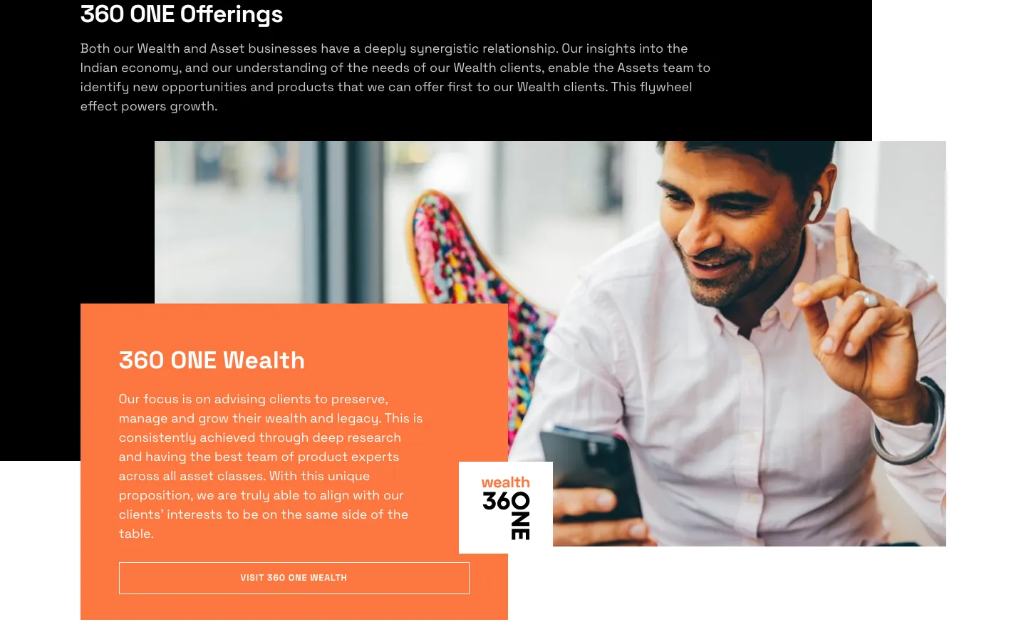 360 ONE Offerings introduction on black, followed by an orange 360 ONE Wealth card over a photo 360 ONE Offerings introduction on black, followed by an orange 360 ONE Wealth card over a photo