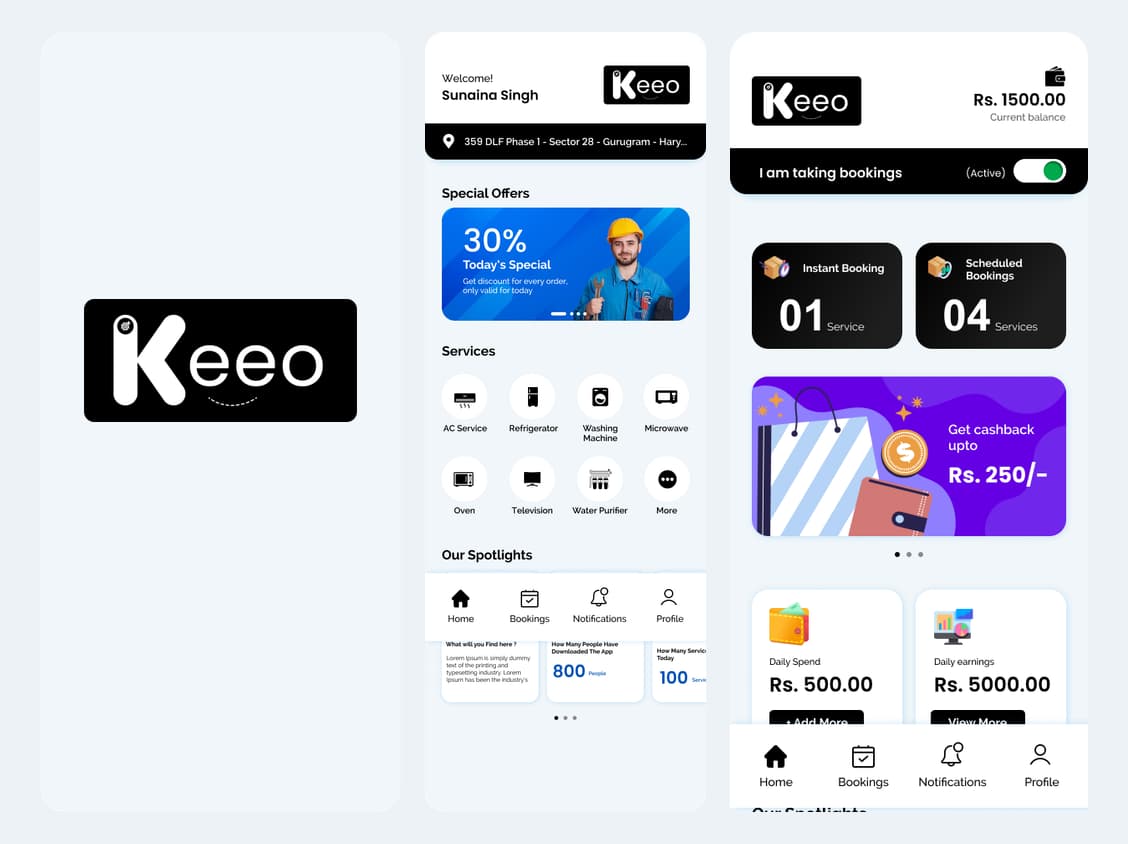 Keeo Customer & Technician Apps Keeo customer and technician mobile app interface overview