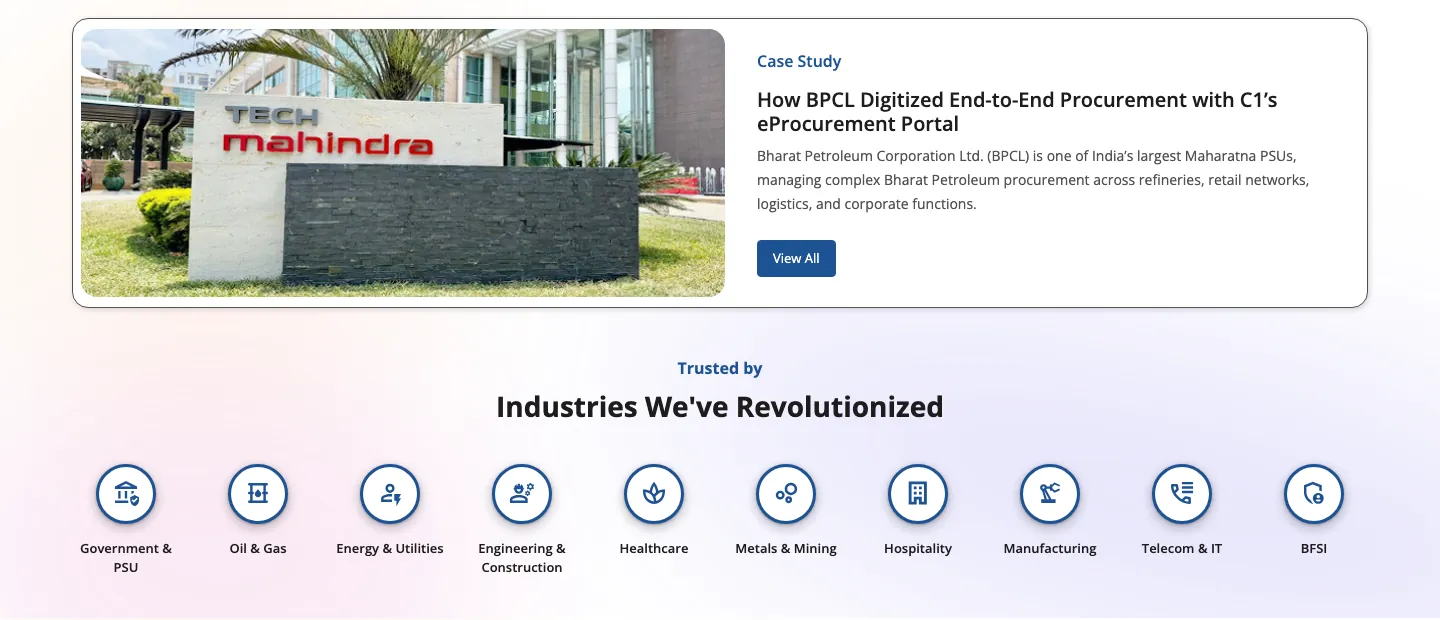 Case study card with View All button above a row of ten circular industry icons with labels Case study card with View All button above a row of ten circular industry icons with labels