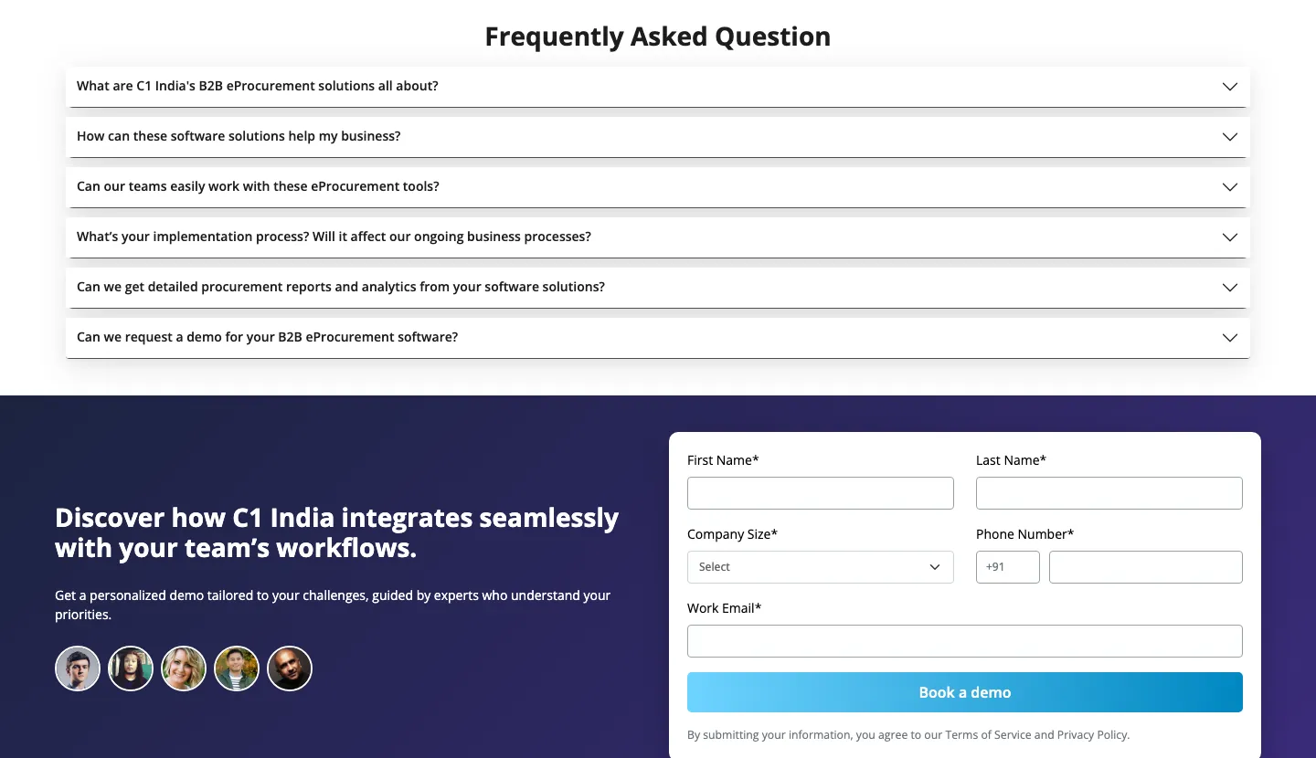FAQ accordion with six questions above a demo request form with name, company size, phone and work email fields FAQ accordion with six questions above a demo request form with name, company size, phone and work email fields