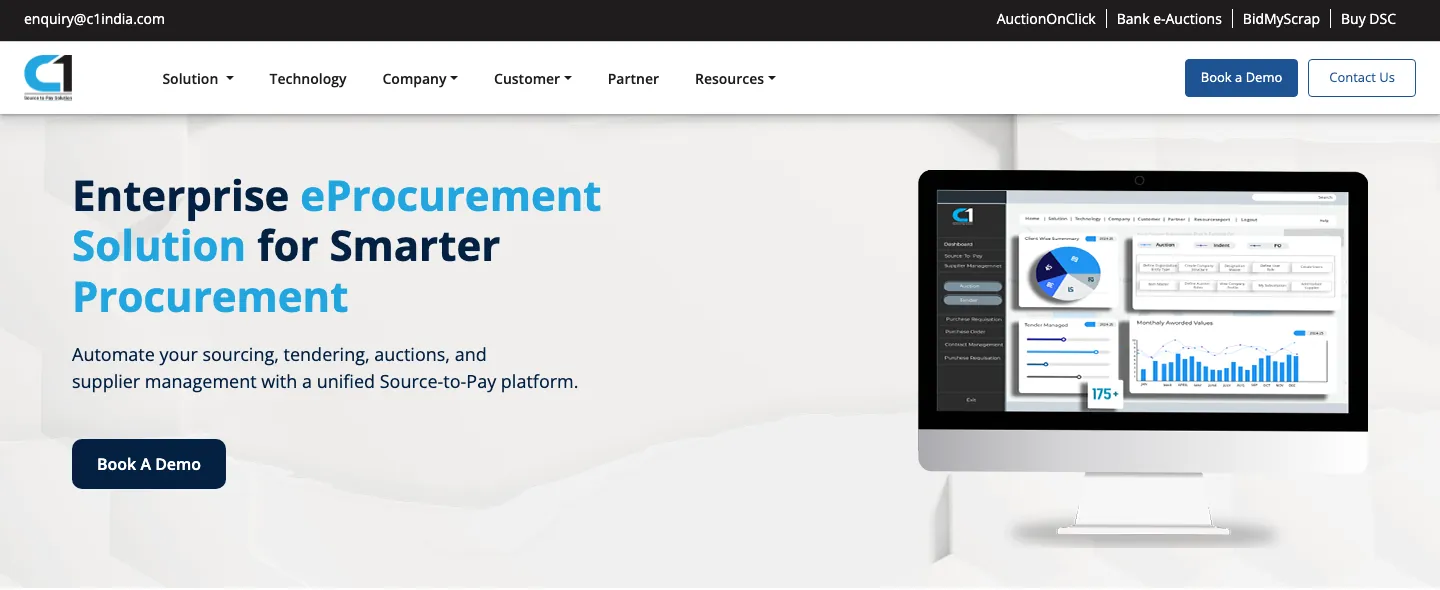 C1 India homepage hero with eProcurement headline, Book A Demo button and a monitor showing a dashboard C1 India homepage hero with eProcurement headline, Book A Demo button and a monitor showing a dashboard