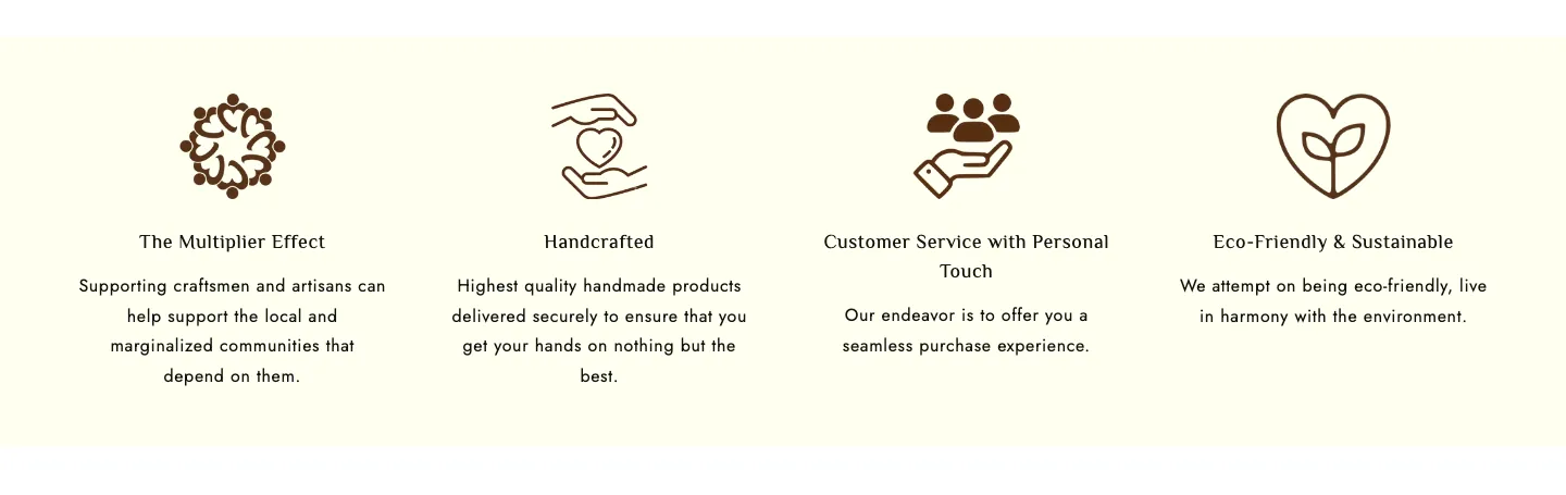 Four illustrated value statements: The Multiplier Effect, Handcrafted, Customer Service with Personal Touch, Eco-Friendly Four illustrated value statements: The Multiplier Effect, Handcrafted, Customer Service with Personal Touch, Eco-Friendly