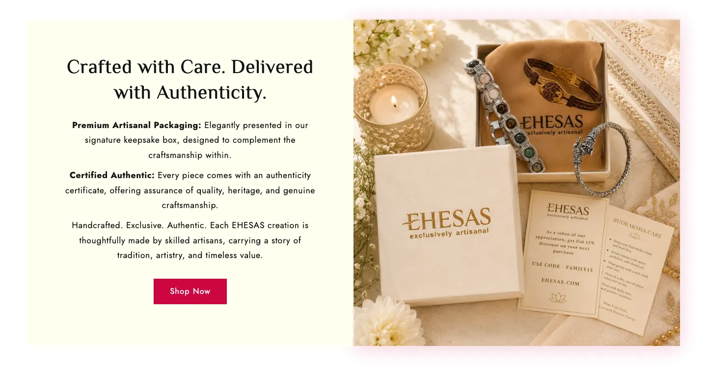 Crafted with Care section describing keepsake packaging and authenticity certificates beside a photo of a gift box Crafted with Care section describing keepsake packaging and authenticity certificates beside a photo of a gift box