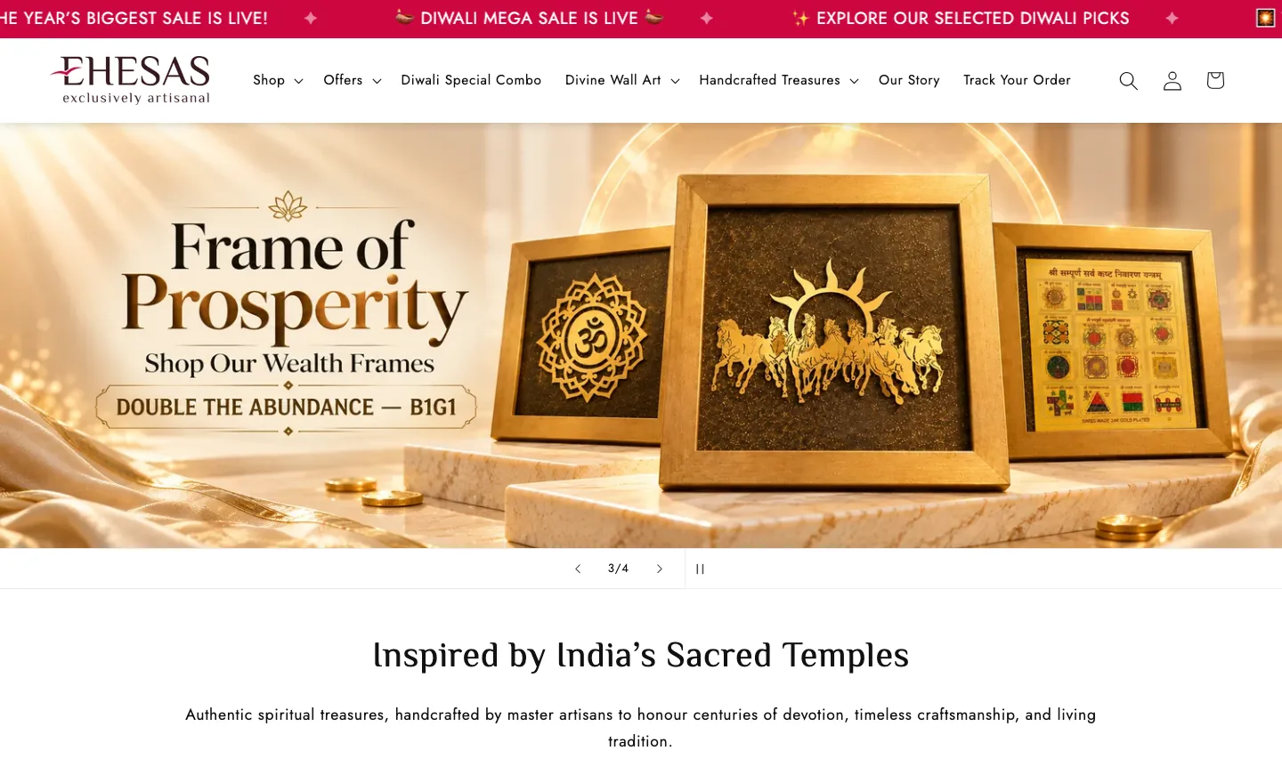 Ehesas homepage with announcement bar, menu, framed wall art hero slide and an intro on India's sacred temples Ehesas homepage with announcement bar, menu, framed wall art hero slide and an intro on India's sacred temples