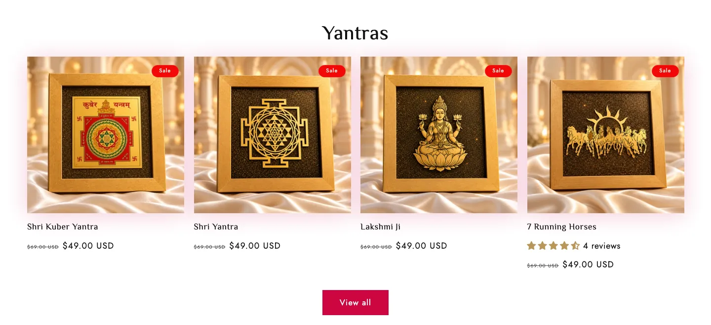 Yantras product row with four framed yantras and deity art, sale badges, ratings, USD prices and a View All button Yantras product row with four framed yantras and deity art, sale badges, ratings, USD prices and a View All button