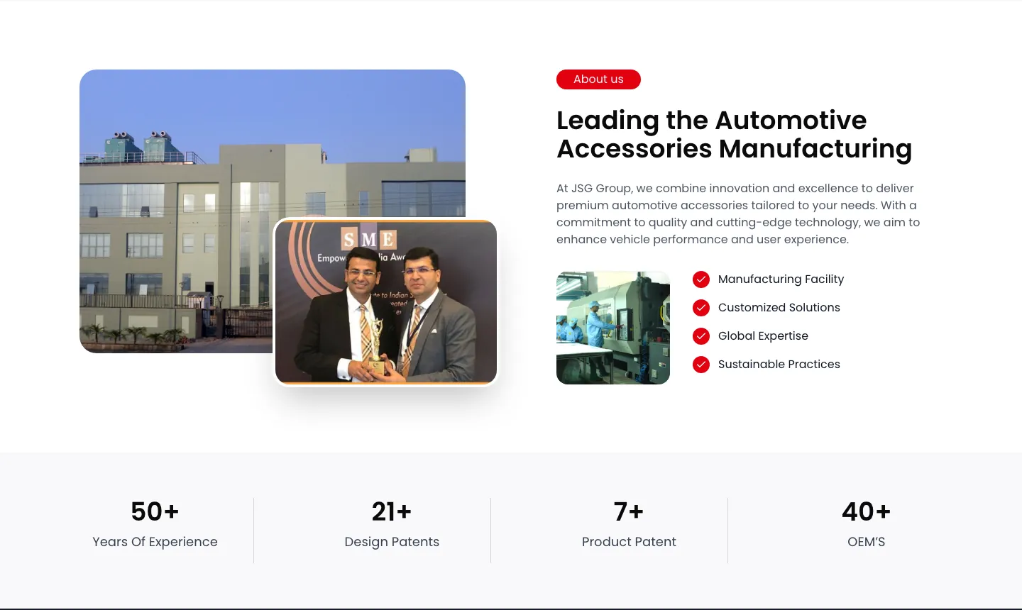 JSG landing page About us section with factory photo, award photo, four checklist points and a four-figure stats bar JSG landing page About us section with factory photo, award photo, four checklist points and a four-figure stats bar