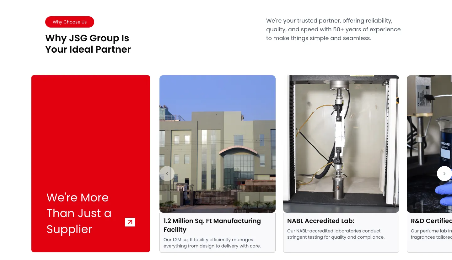 Why JSG Group Is Your Ideal Partner section with a red intro card and photo cards for the facility, testing lab and R&D Why JSG Group Is Your Ideal Partner section with a red intro card and photo cards for the facility, testing lab and R&D