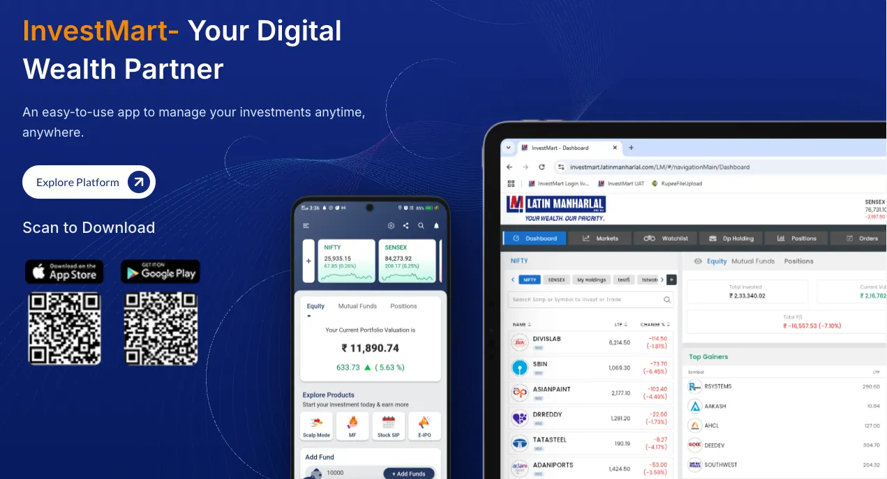 InvestMart mobile app with portfolio valuation and web dashboard with NIFTY watchlist and Top Gainers InvestMart mobile app with portfolio valuation and web dashboard with NIFTY watchlist and Top Gainers