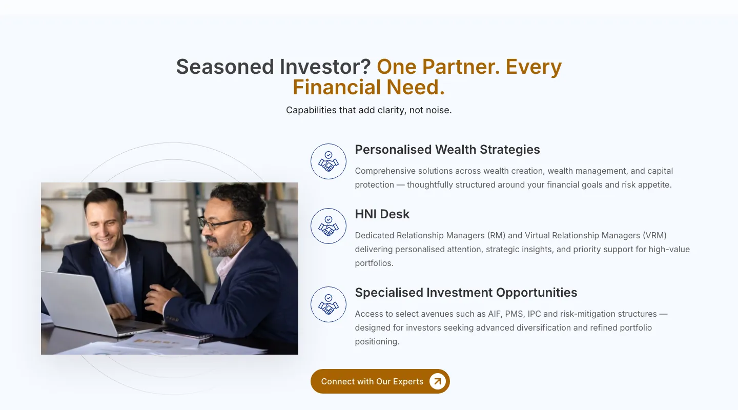 Latin Manharlal Seasoned Investor section listing personalized wealth strategies, HNI desk and specialized opportunities Latin Manharlal Seasoned Investor section listing personalized wealth strategies, HNI desk and specialized opportunities