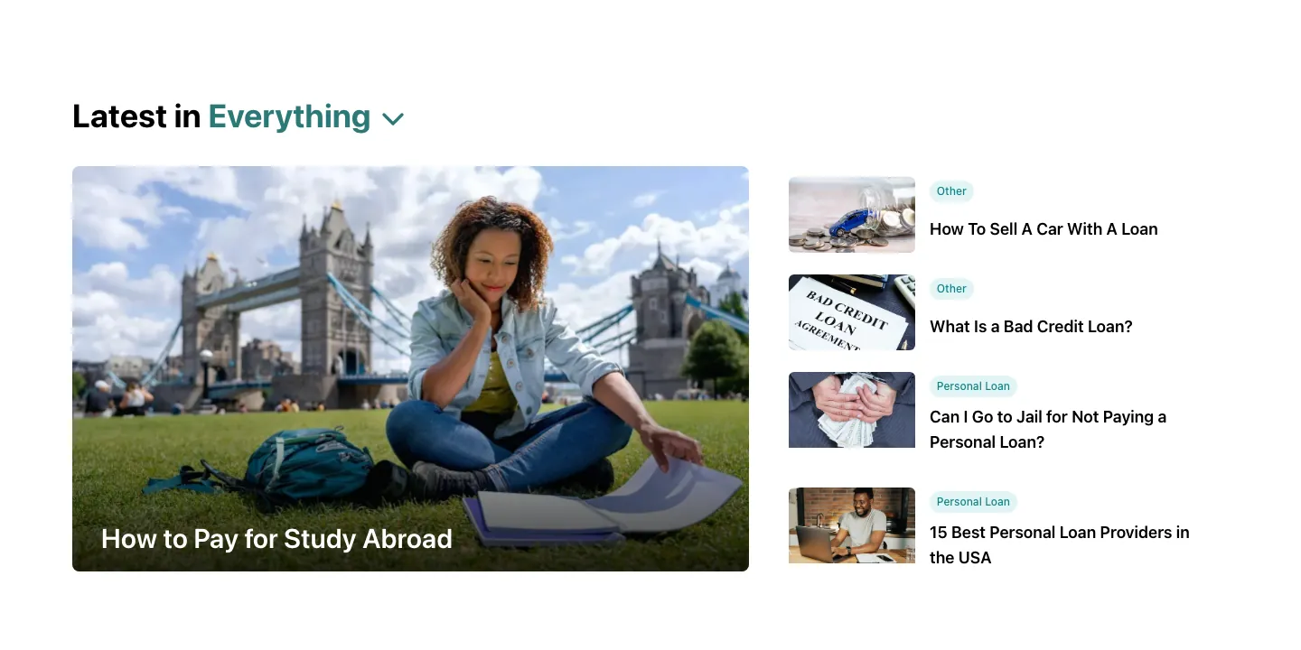 LendingPalm "Latest in Everything" section with a featured study abroad article and tagged loan guide links LendingPalm "Latest in Everything" section with a featured study abroad article and tagged loan guide links