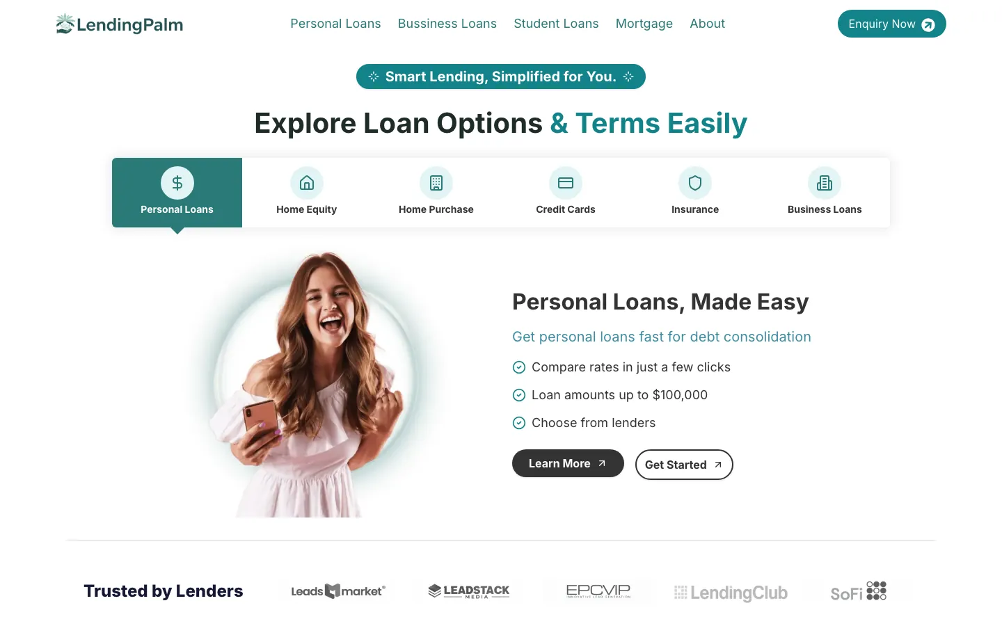 LendingPalm homepage with loan category tabs, Personal Loans panel, Enquiry Now button and Trusted by Lenders strip LendingPalm homepage with loan category tabs, Personal Loans panel, Enquiry Now button and Trusted by Lenders strip