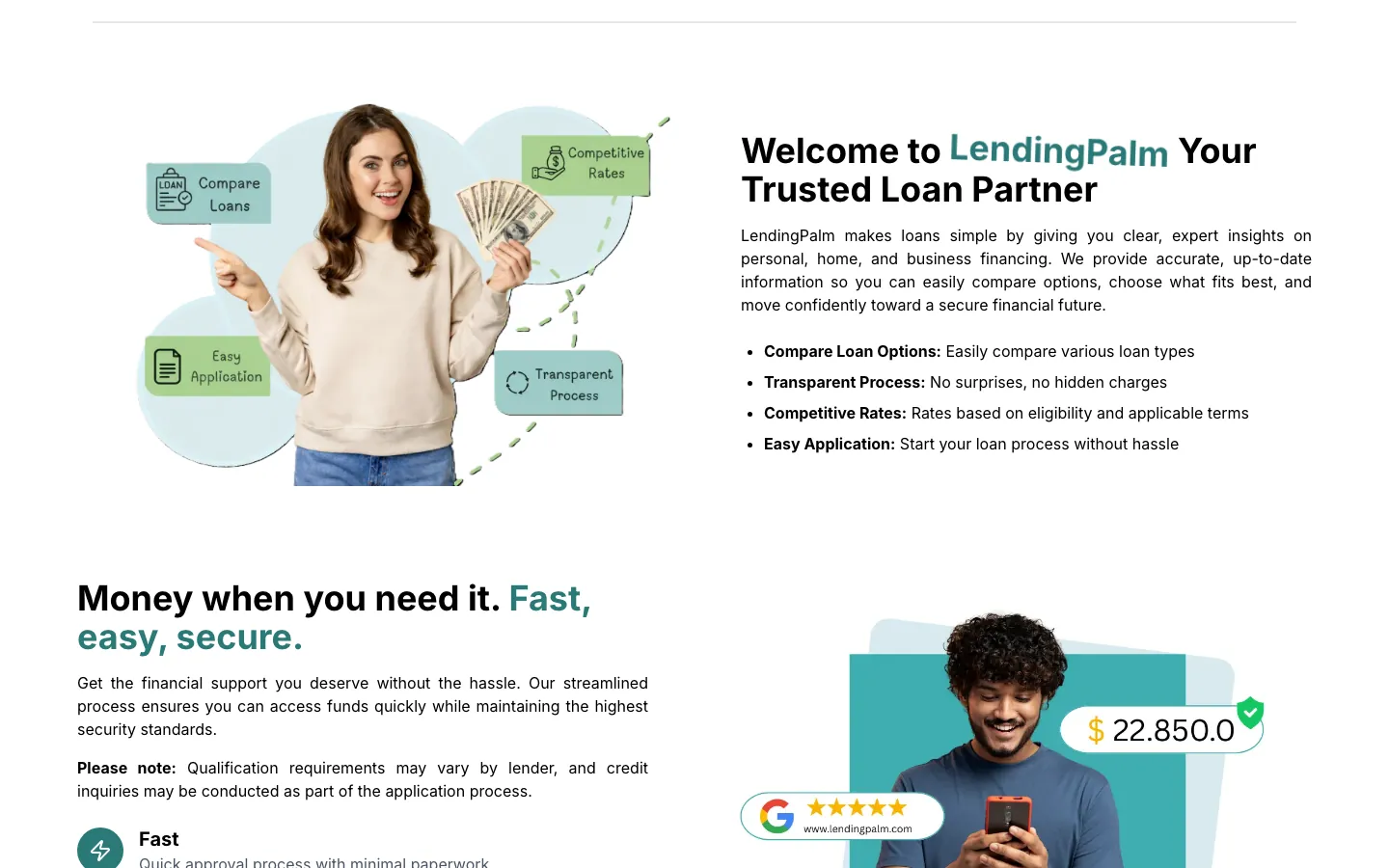 LendingPalm welcome section listing compare loans, rates, process and application points, plus a lender-terms note LendingPalm welcome section listing compare loans, rates, process and application points, plus a lender-terms note