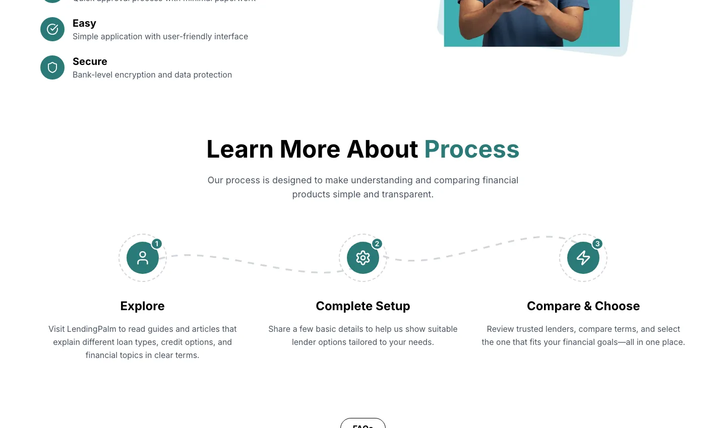 LendingPalm "Learn More About Process" section with three steps: Explore, Complete Setup, and Compare & Choose LendingPalm "Learn More About Process" section with three steps: Explore, Complete Setup, and Compare & Choose