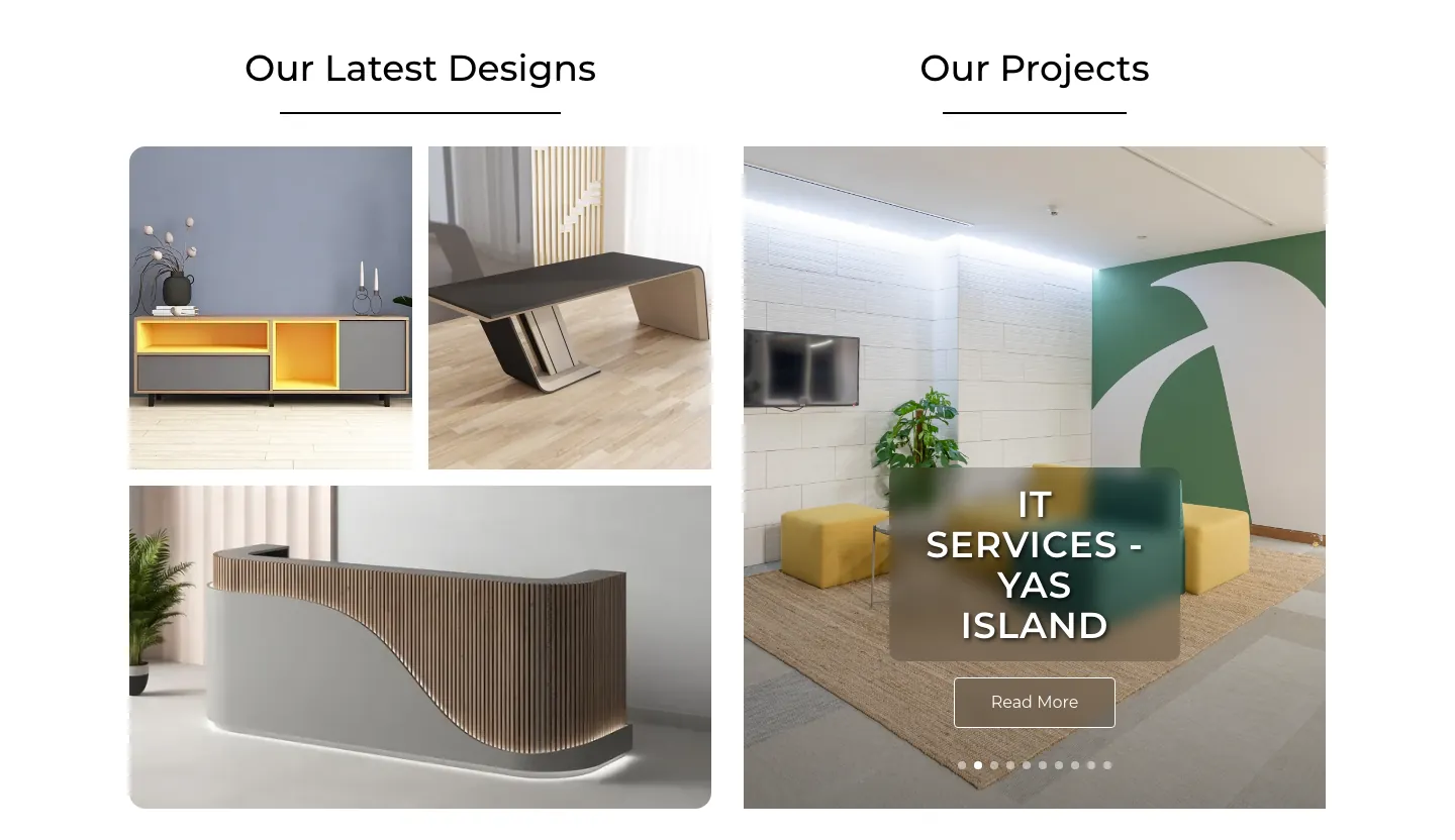 Our Latest Designs collage of furniture pieces beside an Our Projects slideshow of a finished office lounge Our Latest Designs collage of furniture pieces beside an Our Projects slideshow of a finished office lounge