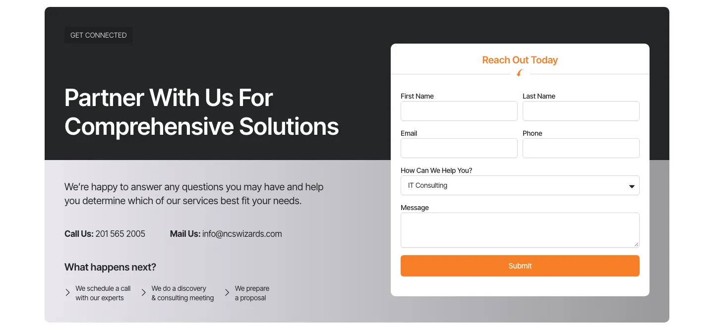 NCS Wizards Get Connected section with contact details, three next steps and a Reach Out Today form NCS Wizards Get Connected section with contact details, three next steps and a Reach Out Today form
