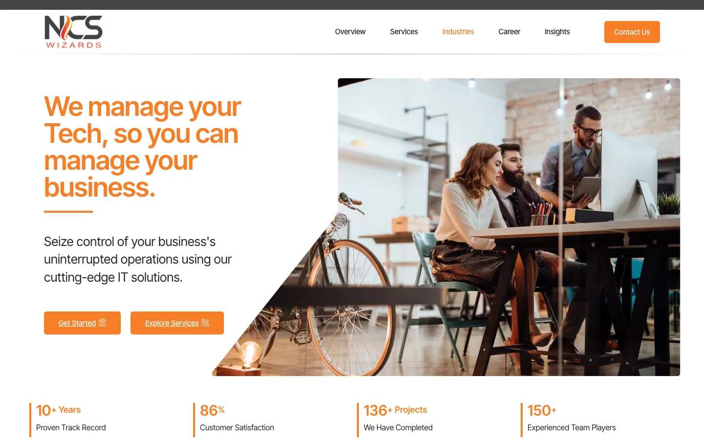 NCS Wizards homepage hero with orange headline, two buttons, office photo and a row of four key figures NCS Wizards homepage hero with orange headline, two buttons, office photo and a row of four key figures