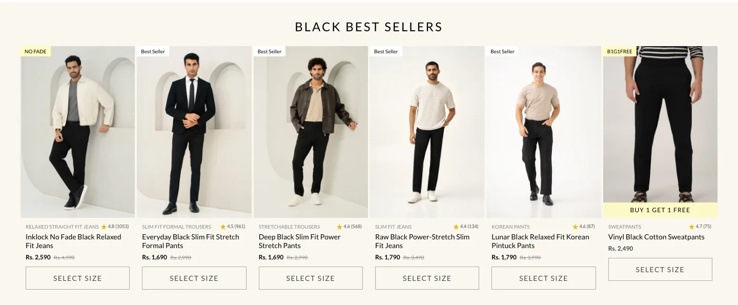 Black Best Sellers row with six men's pants and jeans cards, each with a fit label and Select Size button Black Best Sellers row with six men's pants and jeans cards, each with a fit label and Select Size button
