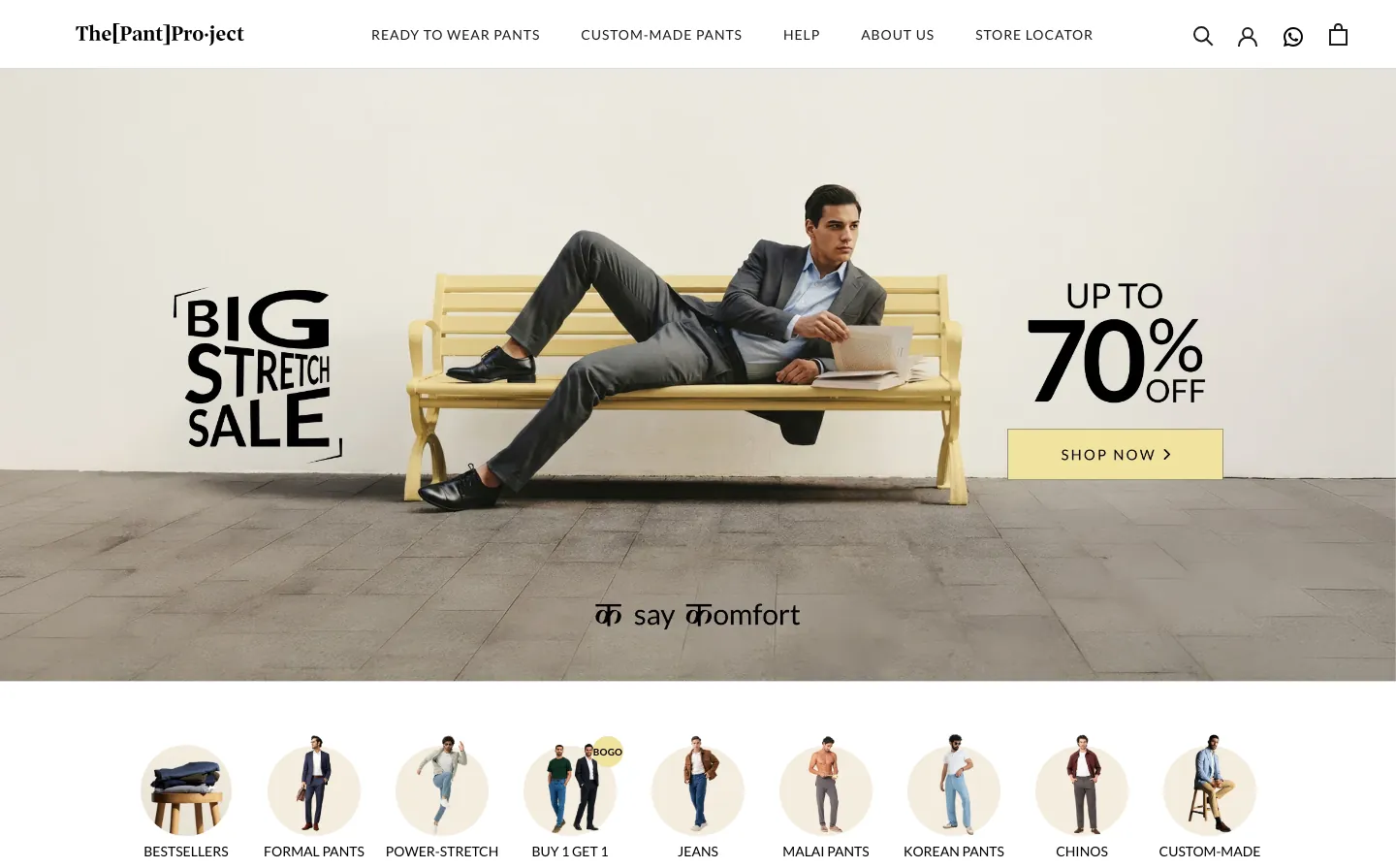 The Pant Project homepage with a sale hero banner and a row of nine circular pant style shortcuts The Pant Project homepage with a sale hero banner and a row of nine circular pant style shortcuts