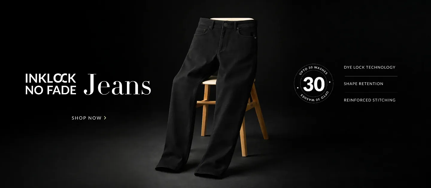 Inklock No Fade Jeans banner with black jeans on a stool and three feature labels on a dark background Inklock No Fade Jeans banner with black jeans on a stool and three feature labels on a dark background