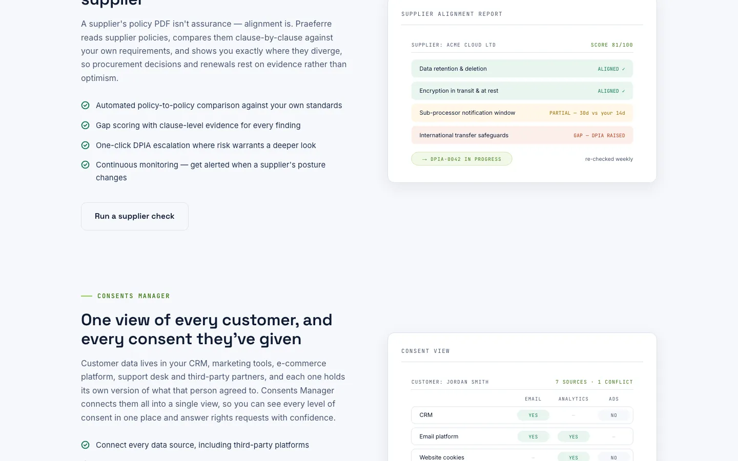 Supplier alignment report mock-up with clause statuses above a Consents Manager section with a customer consent table Supplier alignment report mock-up with clause statuses above a Consents Manager section with a customer consent table