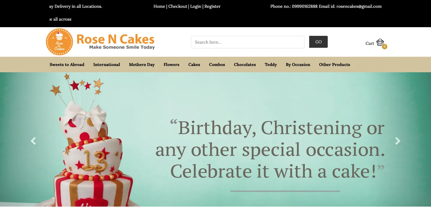 Rose N Cakes homepage with utility bar, search, cart, occasion menu and a celebration cake slider Rose N Cakes homepage with utility bar, search, cart, occasion menu and a celebration cake slider