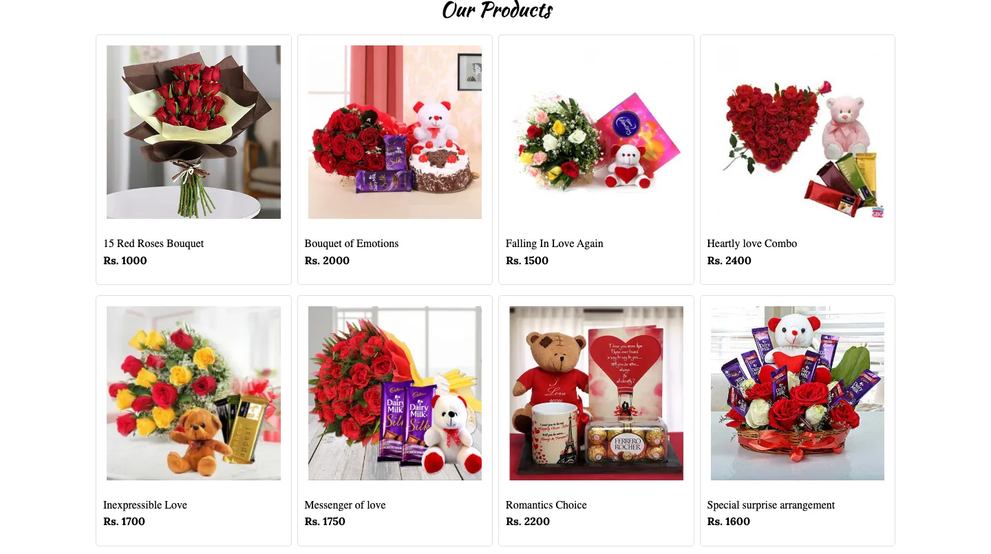 Our Products section with a grid of rose bouquets, teddy bears, chocolates and gift arrangements Our Products section with a grid of rose bouquets, teddy bears, chocolates and gift arrangements