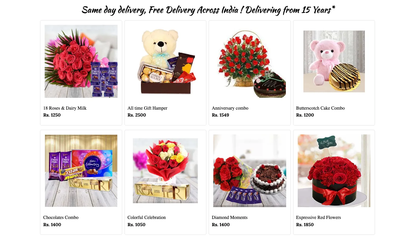Four-column grid of cake, flower, chocolate and teddy gift combos, each card with photo, name and price Four-column grid of cake, flower, chocolate and teddy gift combos, each card with photo, name and price