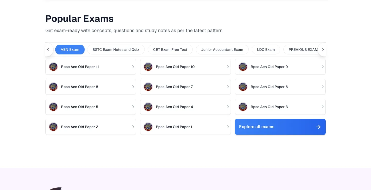 Popular Exams section with exam tabs and a grid of RPSC AEN old paper cards plus an Explore all exams button Popular Exams section with exam tabs and a grid of RPSC AEN old paper cards plus an Explore all exams button