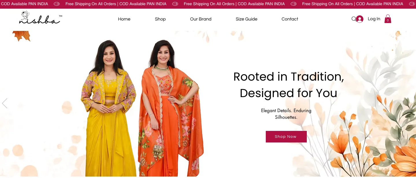 Nishba homepage with announcement bar, centered menu including Size Guide, and a hero of two models in festive outfits Nishba homepage with announcement bar, centered menu including Size Guide, and a hero of two models in festive outfits