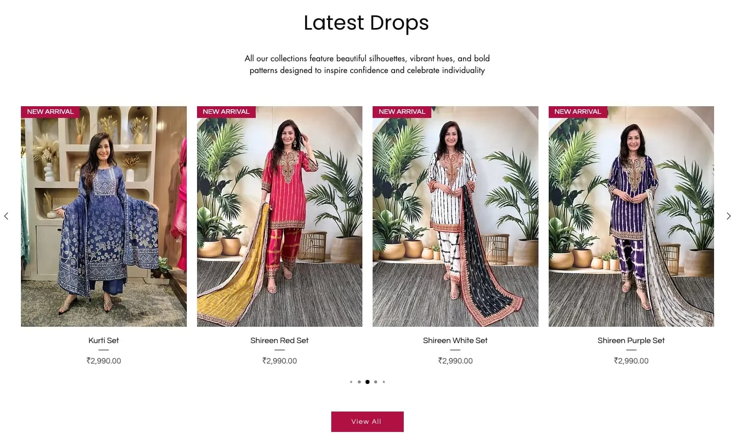 Latest Drops carousel of kurta sets with New Arrival badges, product names, prices and a View All button Latest Drops carousel of kurta sets with New Arrival badges, product names, prices and a View All button