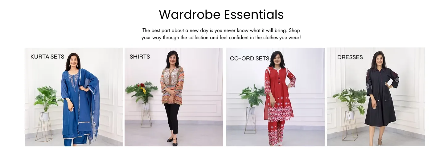 Wardrobe Essentials section with four category tiles for Kurta Sets, Shirts, Co-ord Sets and Dresses Wardrobe Essentials section with four category tiles for Kurta Sets, Shirts, Co-ord Sets and Dresses