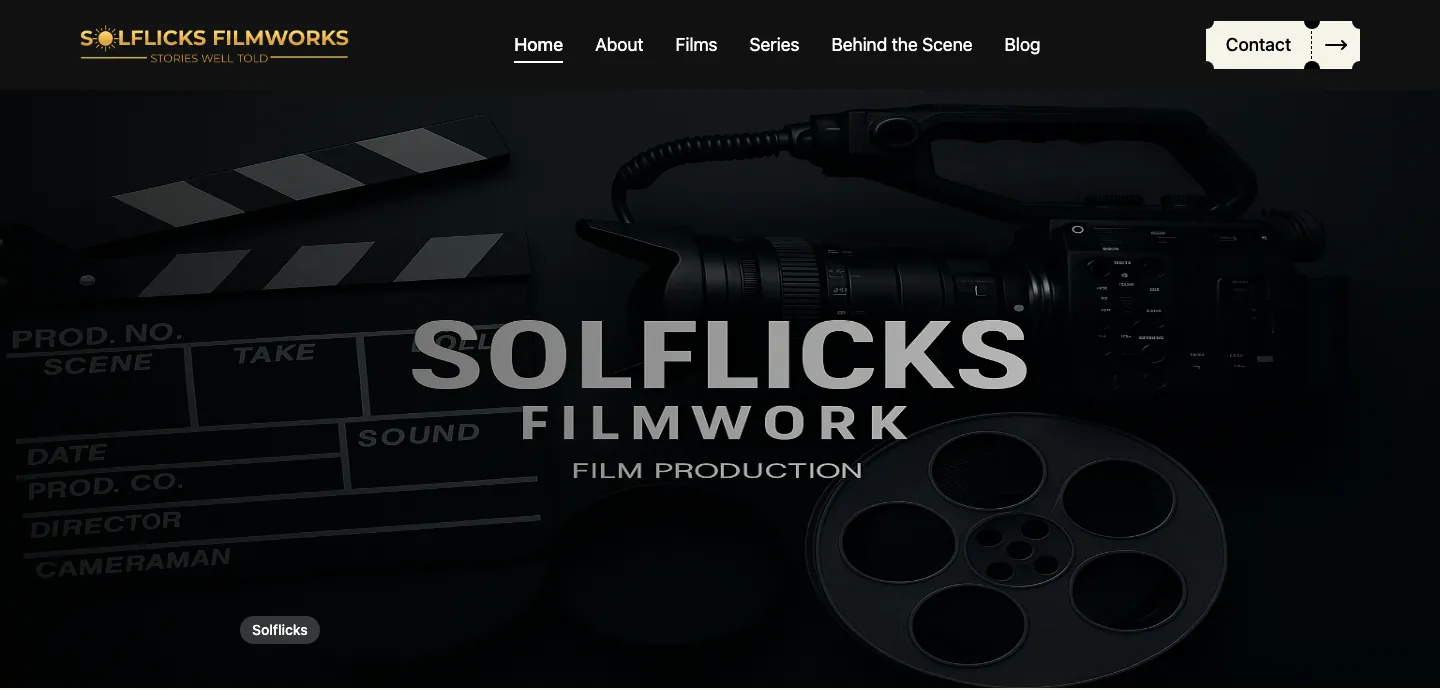 Solflicks Filmworks homepage hero with film production lettering over a clapperboard, camera and film reel Solflicks Filmworks homepage hero with film production lettering over a clapperboard, camera and film reel