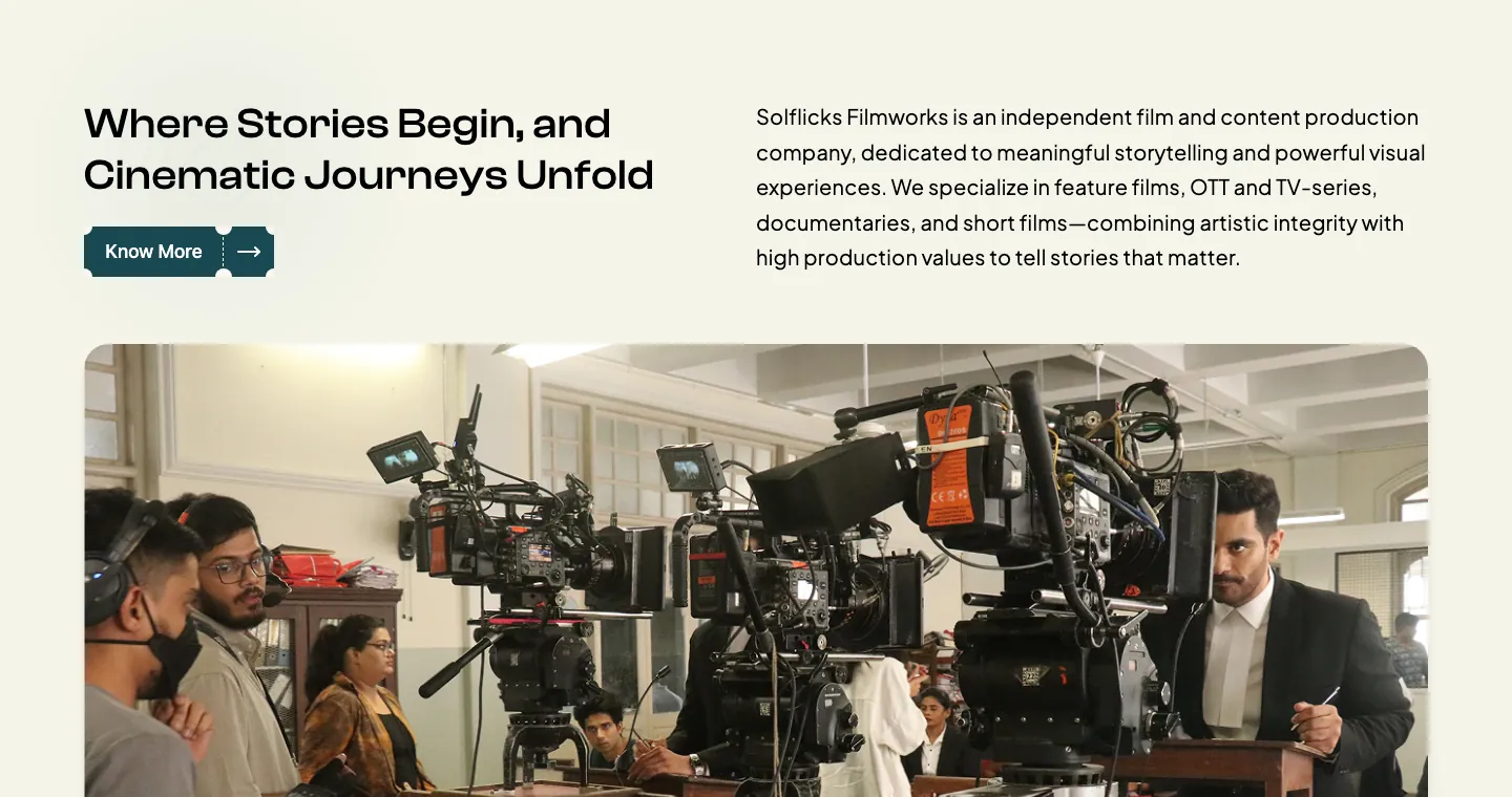 Solflicks studio introduction headline and paragraph on cream, above a photo of a film crew on set Solflicks studio introduction headline and paragraph on cream, above a photo of a film crew on set