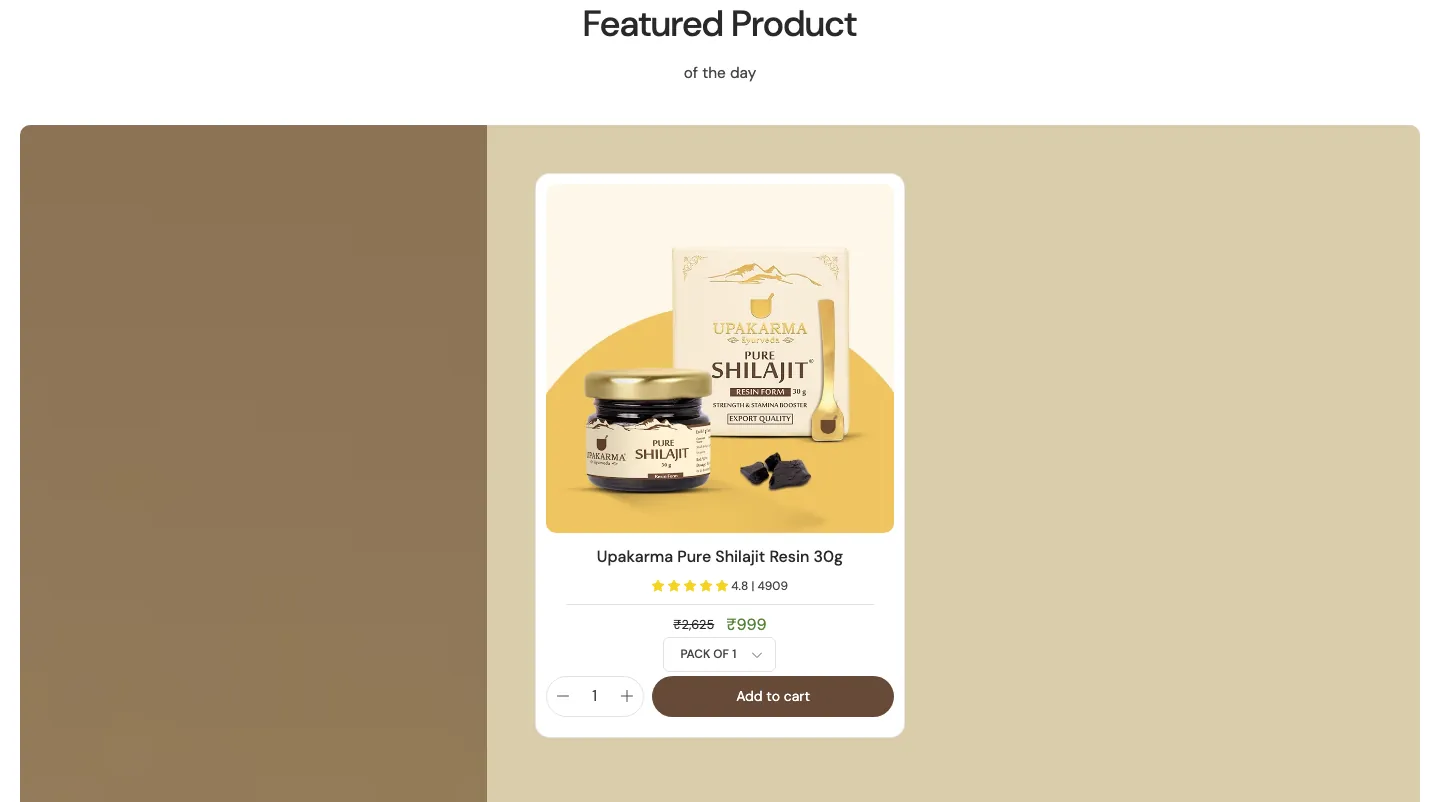 Featured Product section with a single shilajit resin product card, pack selector and Add to cart button Featured Product section with a single shilajit resin product card, pack selector and Add to cart button