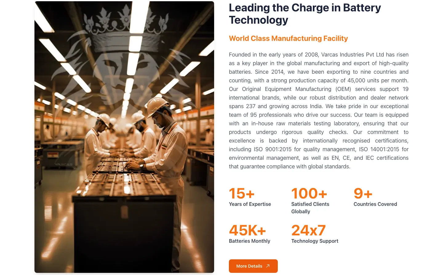 Leading the Charge in Battery Technology section with a production-line photo, company text and orange key figures Leading the Charge in Battery Technology section with a production-line photo, company text and orange key figures