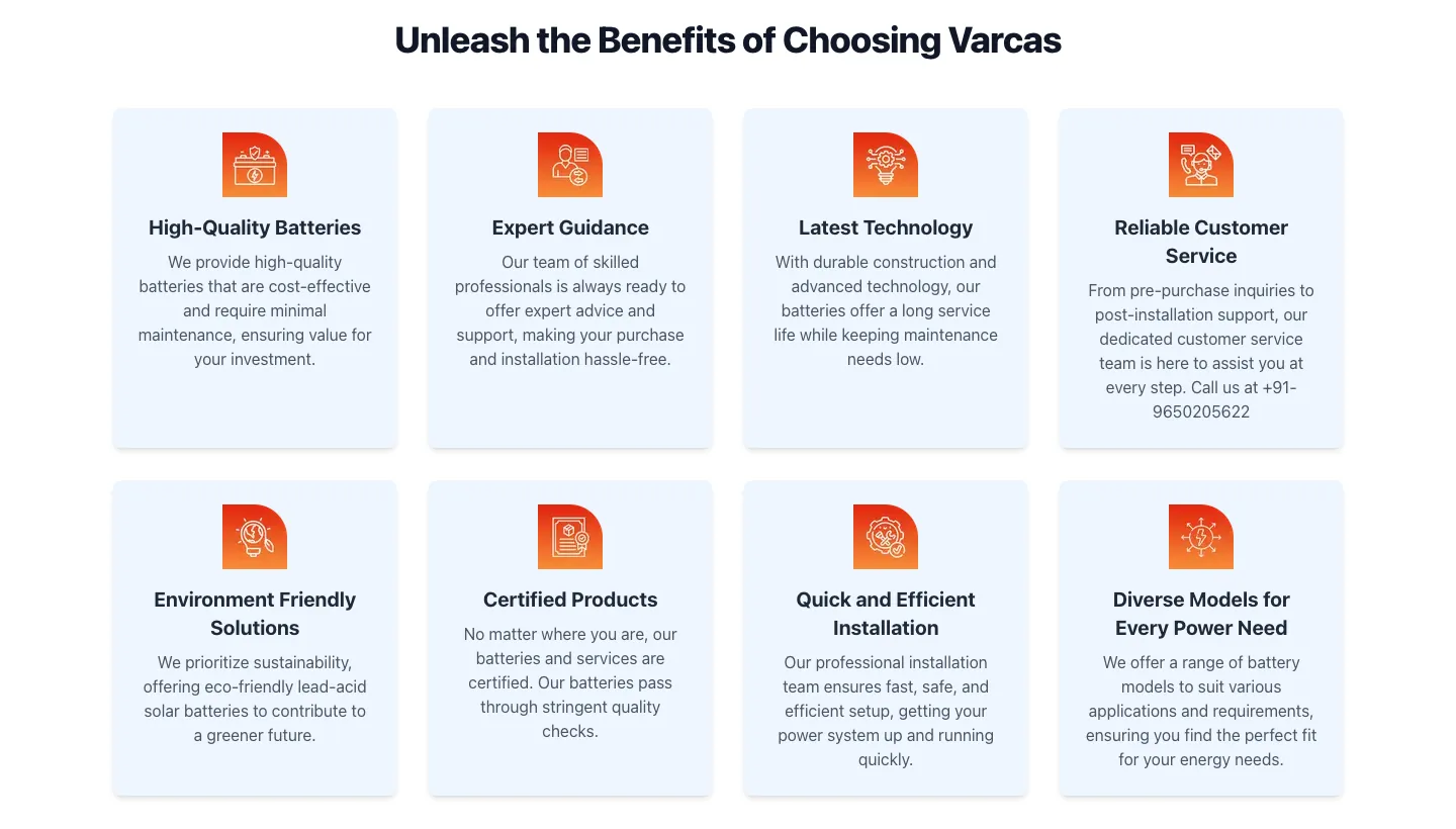 Unleash the Benefits of Choosing Varcas section with eight cards, each with an orange icon, title and short text Unleash the Benefits of Choosing Varcas section with eight cards, each with an orange icon, title and short text