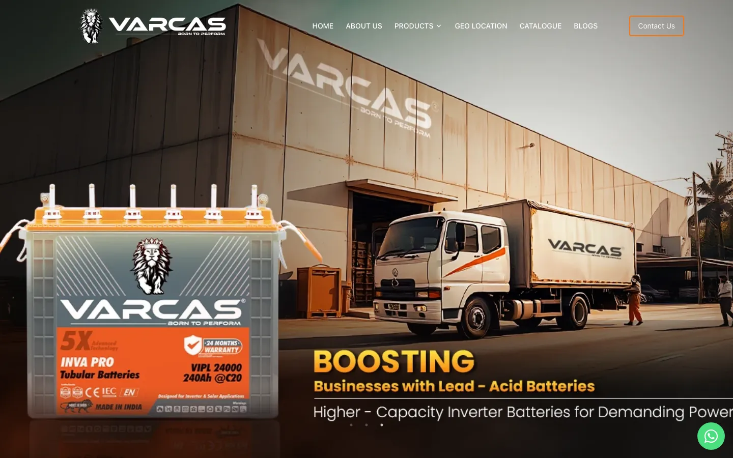 Varcas homepage hero with an orange tubular battery, branded warehouse and truck, and navigation bar above Varcas homepage hero with an orange tubular battery, branded warehouse and truck, and navigation bar above