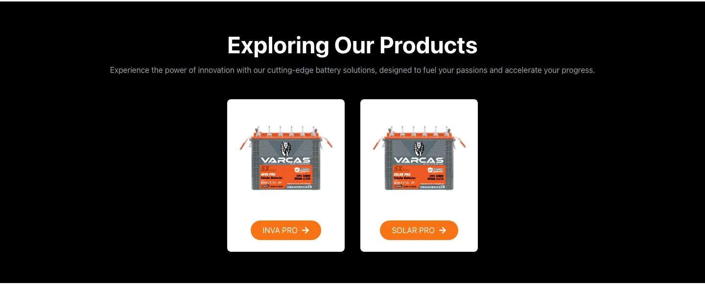 Exploring Our Products section on black with INVA PRO and SOLAR PRO battery cards and orange buttons Exploring Our Products section on black with INVA PRO and SOLAR PRO battery cards and orange buttons