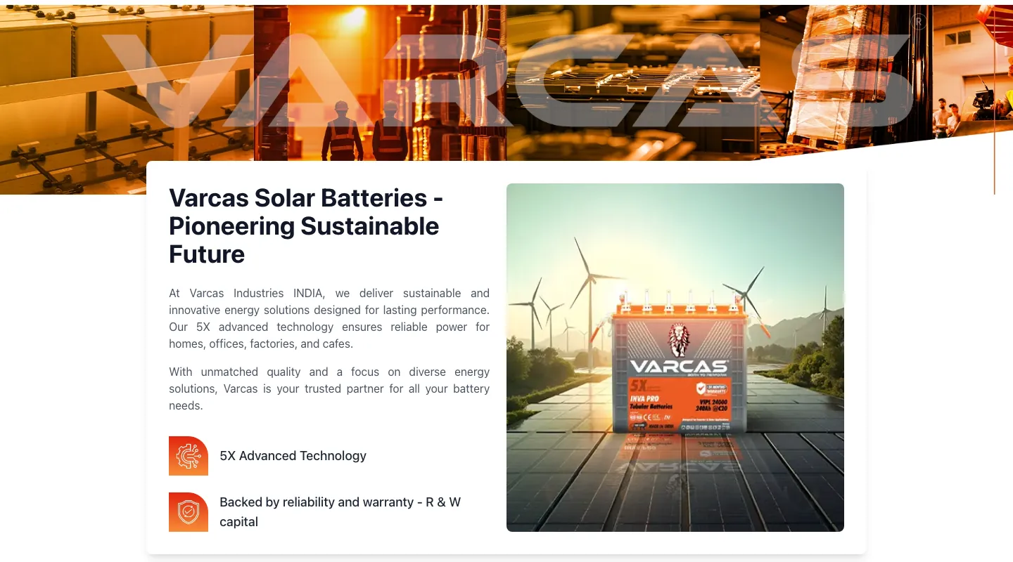 Varcas Solar Batteries card overlapping an orange banner, with a battery on solar panels beside wind turbines Varcas Solar Batteries card overlapping an orange banner, with a battery on solar panels beside wind turbines