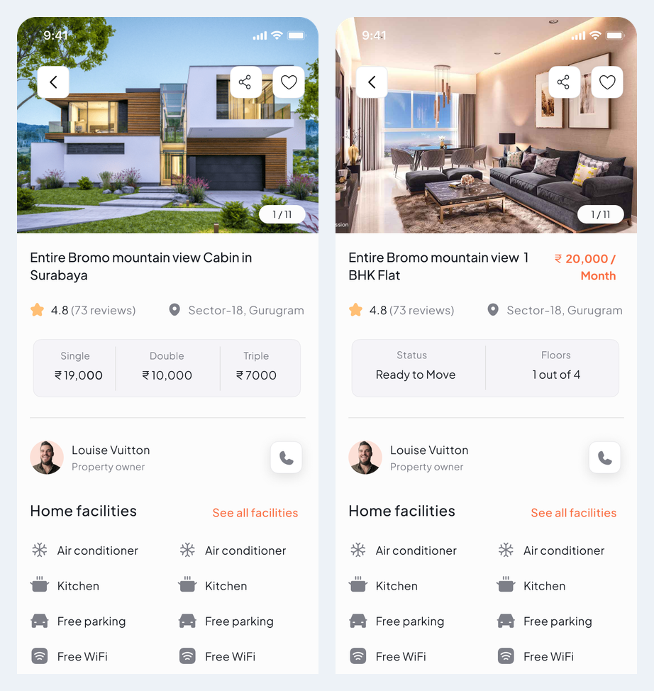 Property details: facilities, location and enquiries | PG Dekho App PG Dekho mobile app screens: property details: facilities, location and enquiries