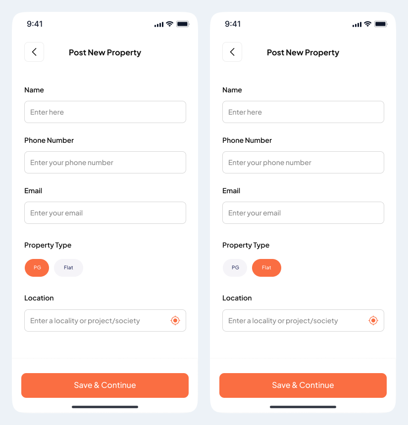Property submission for PGs and flats | PG Dekho App PG Dekho mobile app screens: property submission for pgs and flats