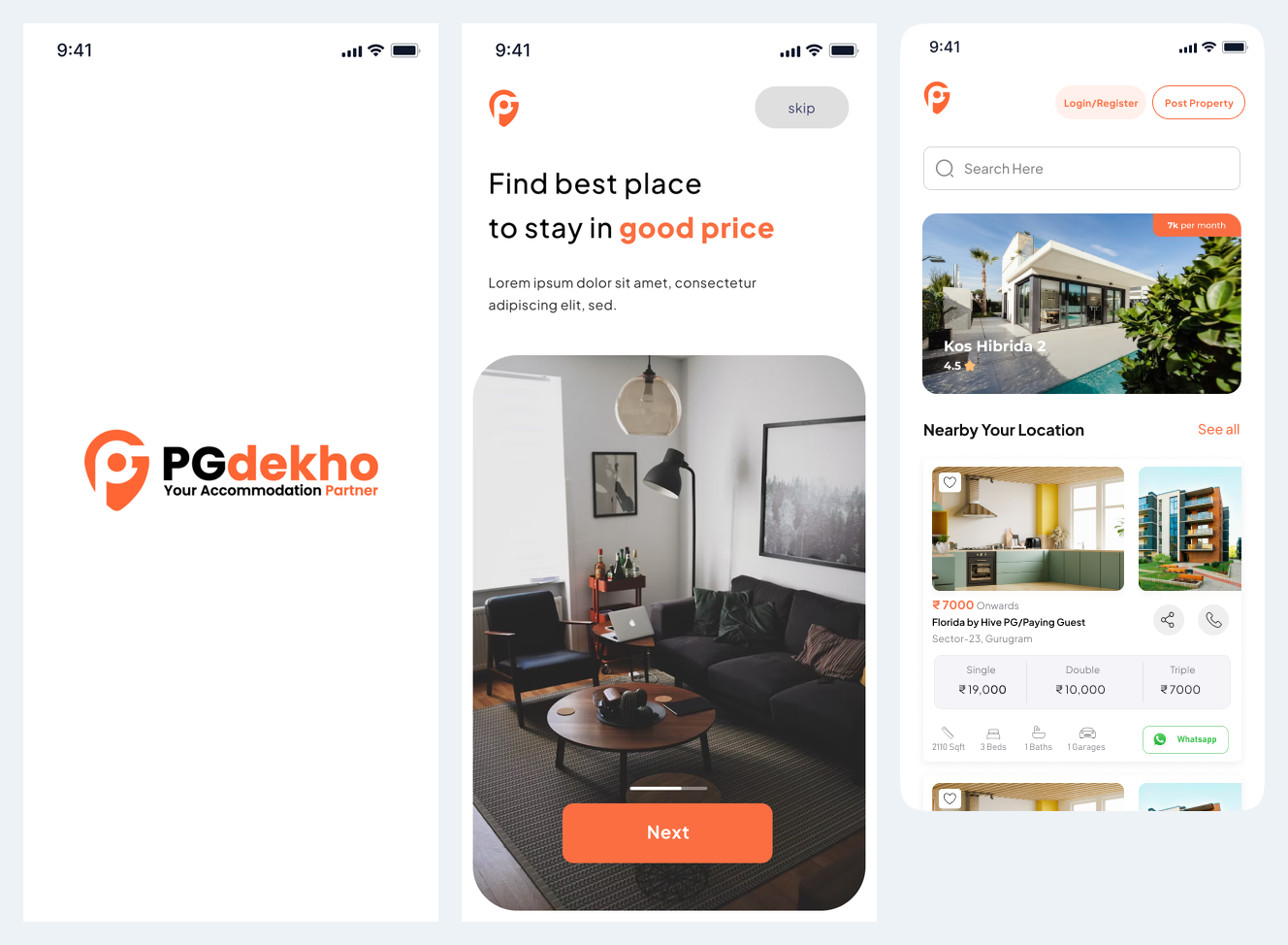 About PG Dekho: splash, onboarding and rental home About PG Dekho: splash, onboarding and rental home app screens
