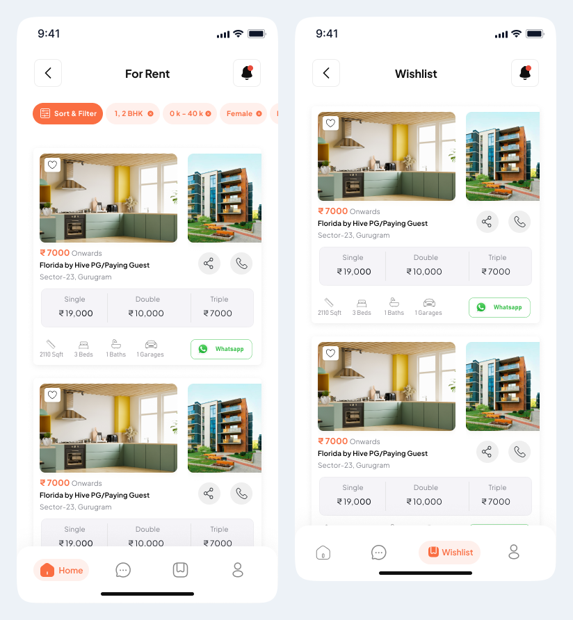 Compare results and save a shortlist | PG Dekho App PG Dekho mobile app screens: compare results and save a shortlist